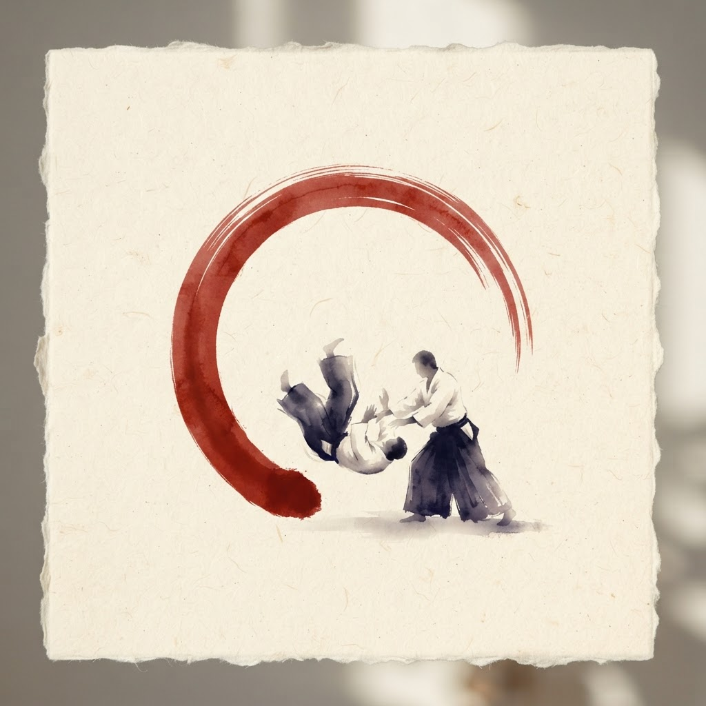 Sumi-e illustration of two Aikido practitioners on warm cream paper with a vermilion brushstroke.