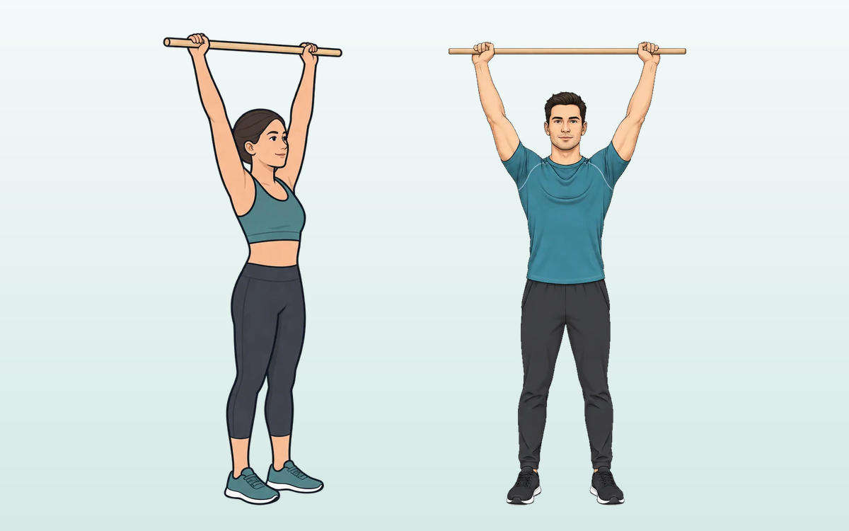Stylized illustrations of a woman and a man standing side by side, each raising a wooden stick overhead.